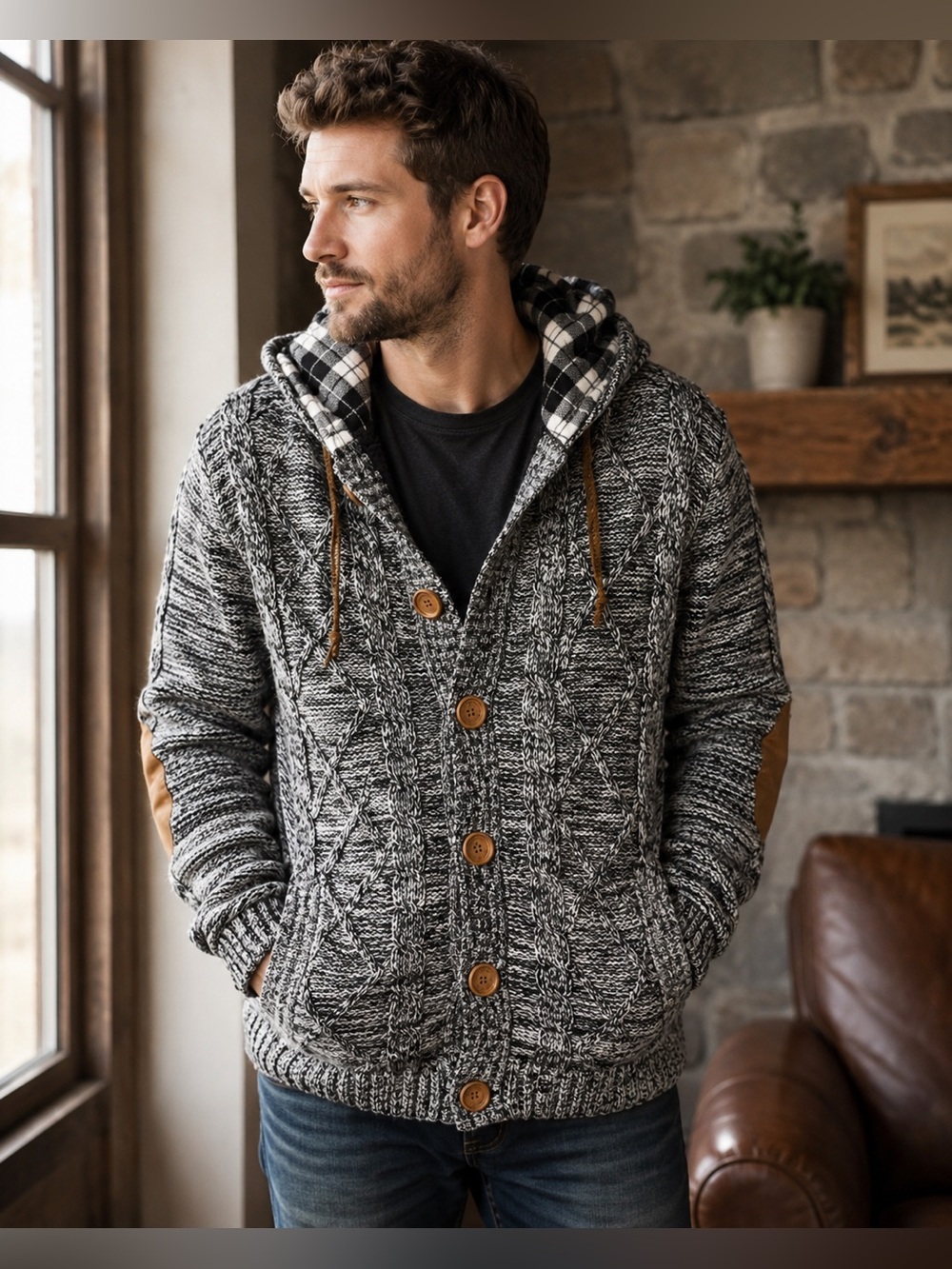 American Stitch Sherpa Lined Hooded Cable Knit Cardigan Sweater XL Gray